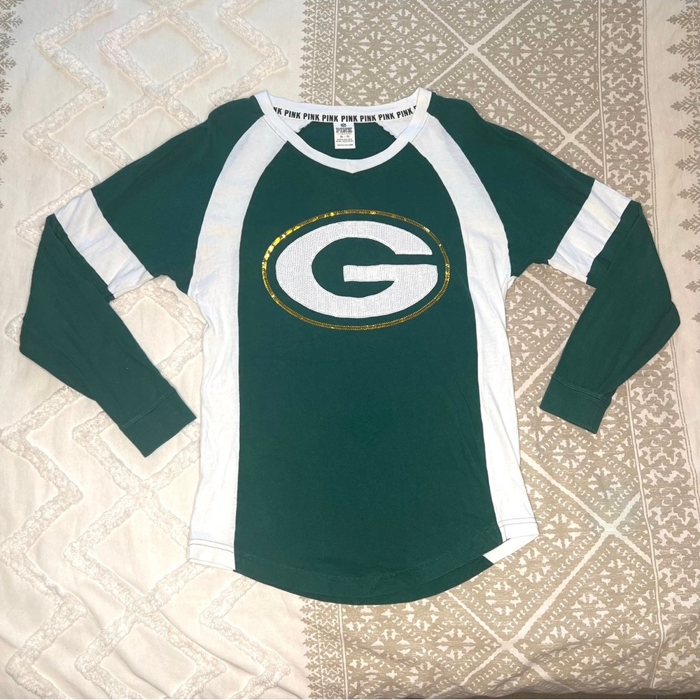 Victoria's Secret Pink Green Bay Packers Sequin Crew Long Sleeve